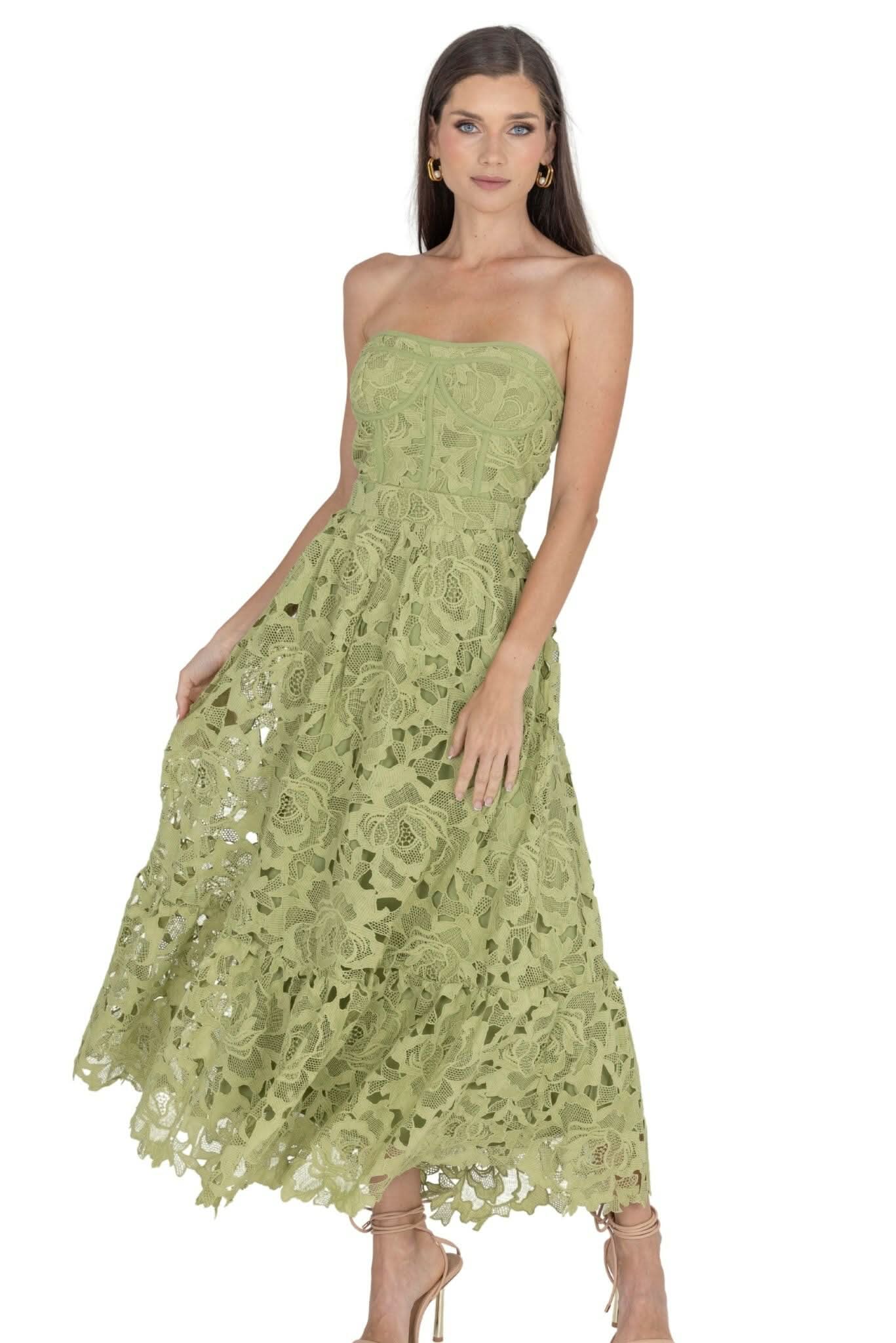 Green lace bustier midi dress, strapless sweetheart neckline, textured guipure layers