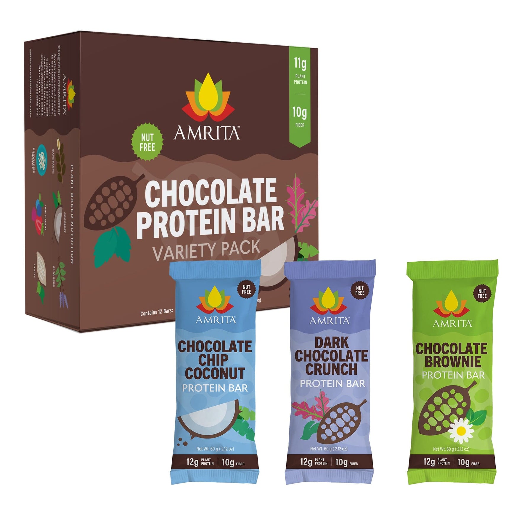 AMRITA chocolate protein bar variety pack with box and three bar flavors