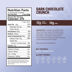 Nutrition facts label and dark chocolate protein bar wrapper with 12g plant protein