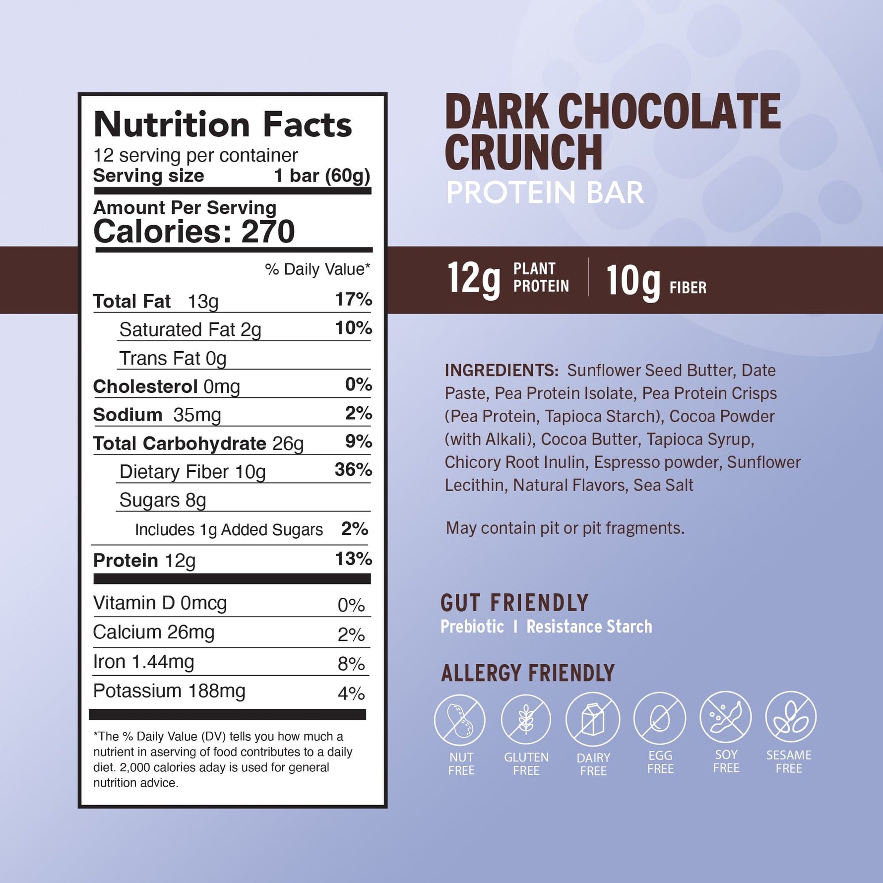 Nutrition facts label and dark chocolate protein bar wrapper with 12g plant protein