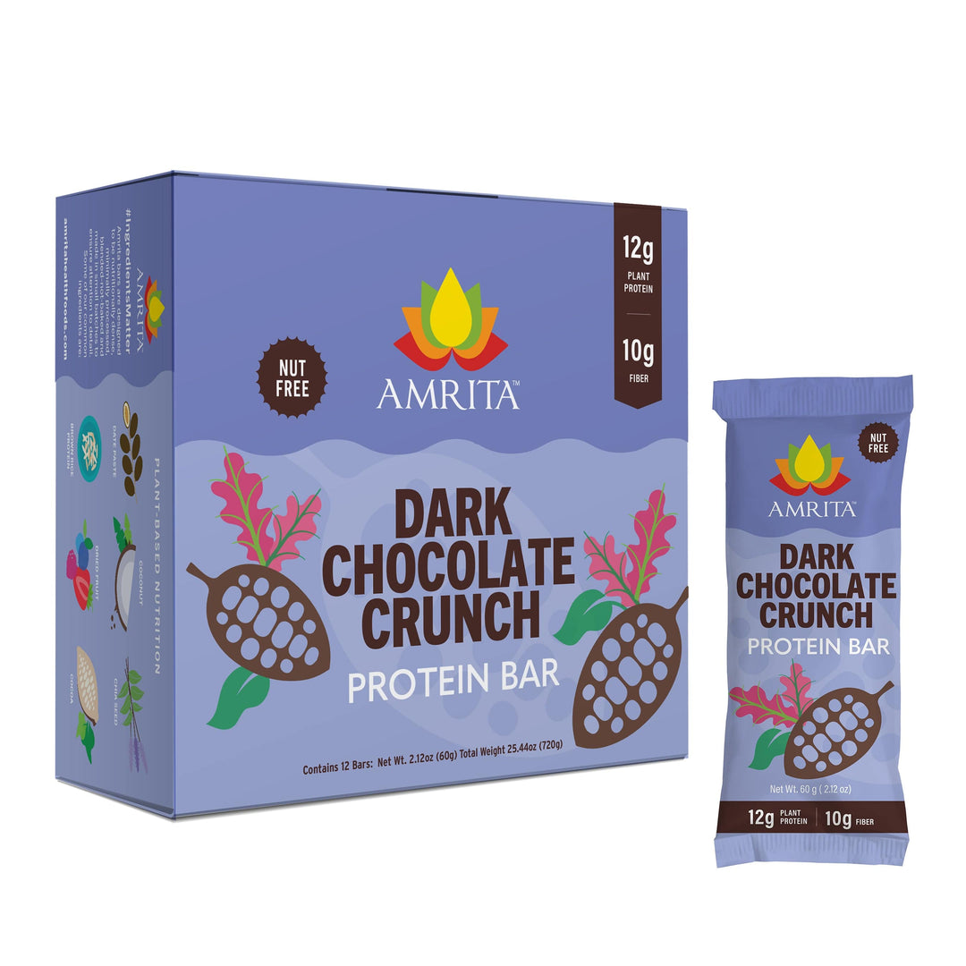 Dark chocolate protein bar box and single bar in blue wrapper