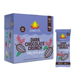 Dark chocolate protein bar box and single bar in blue wrapper