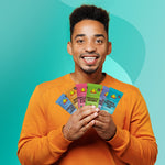 Man holding mixed protein bar variety pack wrappers