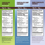 Protein bar nutrition label panels for assorted flavors in the variety pack