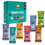 Assorted protein bar variety pack box with six colorful flavor wrappers