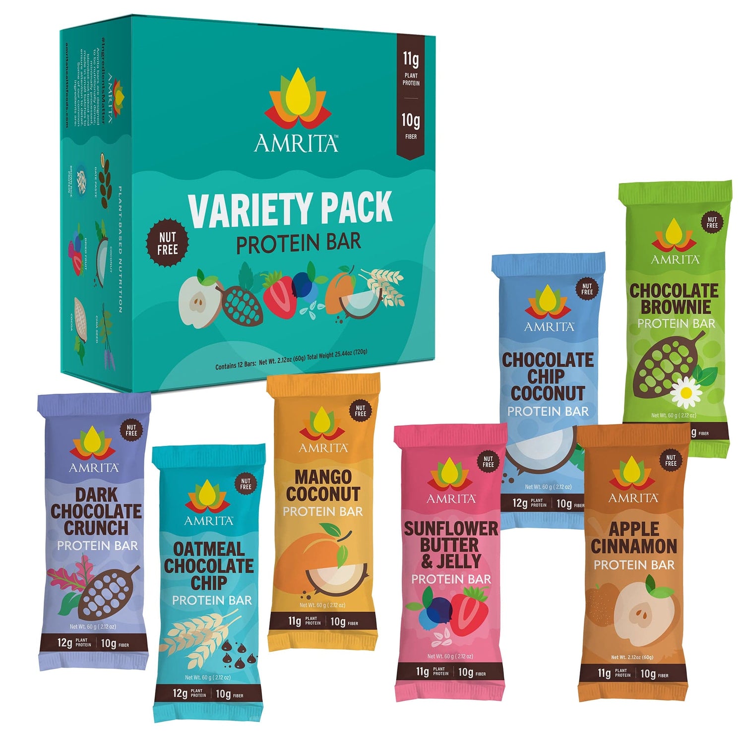 Assorted protein bar variety pack box with six colorful flavor wrappers