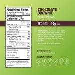 Nutrition facts panel for chocolate brownie protein bar, 12g plant protein and 10g fiber.