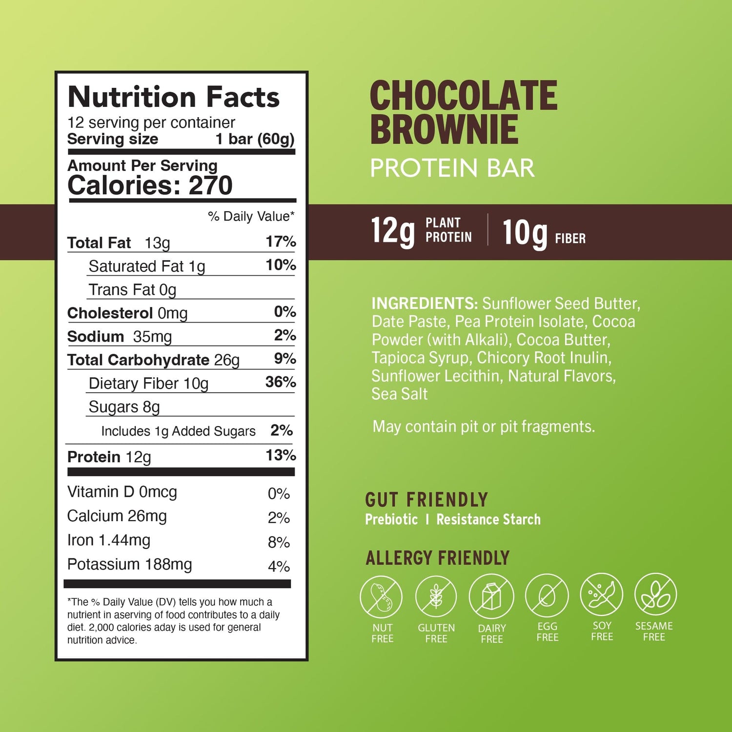 Nutrition facts panel for chocolate brownie protein bar, 12g plant protein and 10g fiber.