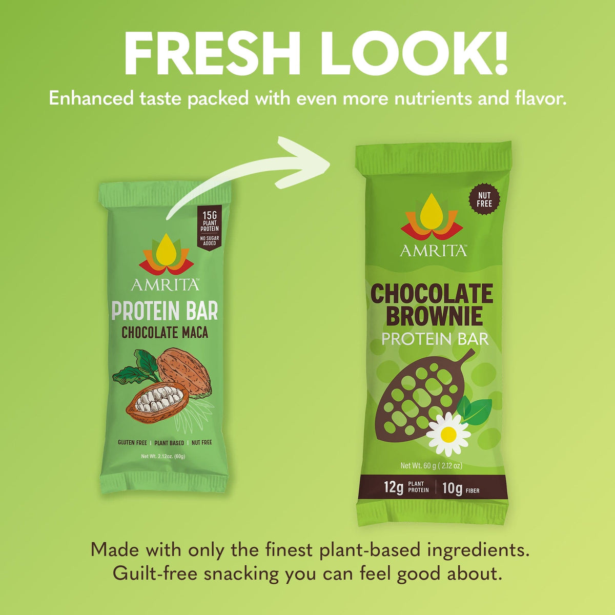 Chocolate brownie protein bar packs, green wrappers with logo and flower design.