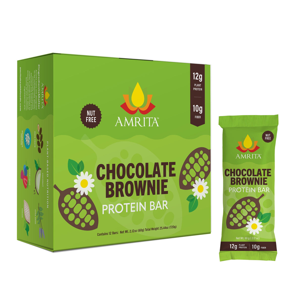 Chocolate brownie protein bar box and single pack, green wrapper with brand logo.