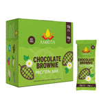 Chocolate brownie protein bar box and single pack, green wrapper with brand logo.