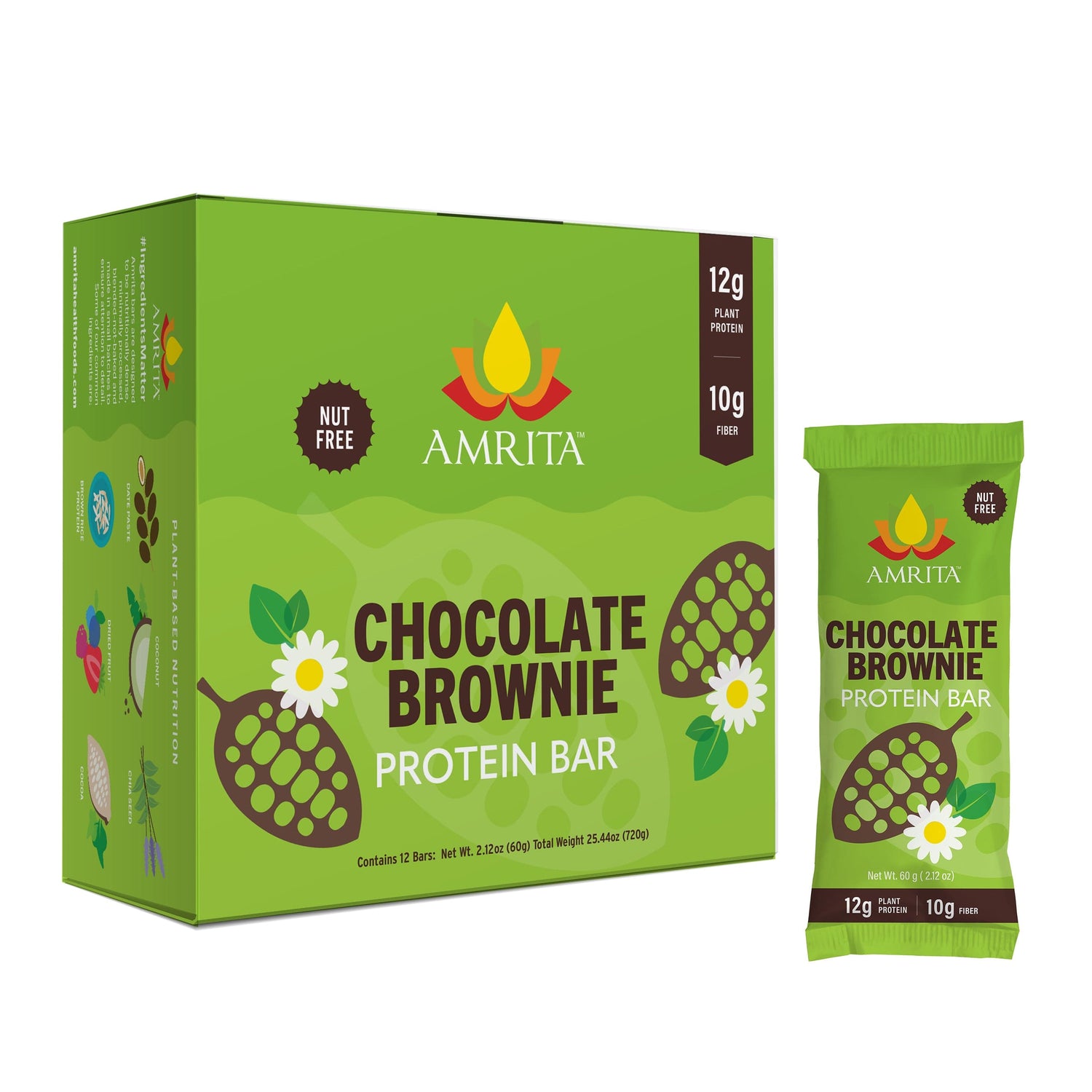Chocolate brownie protein bar box and single pack, green wrapper with brand logo.