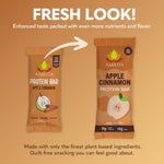 Two apple cinnamon protein bar wrappers, brown pouches with AMRITA logo
