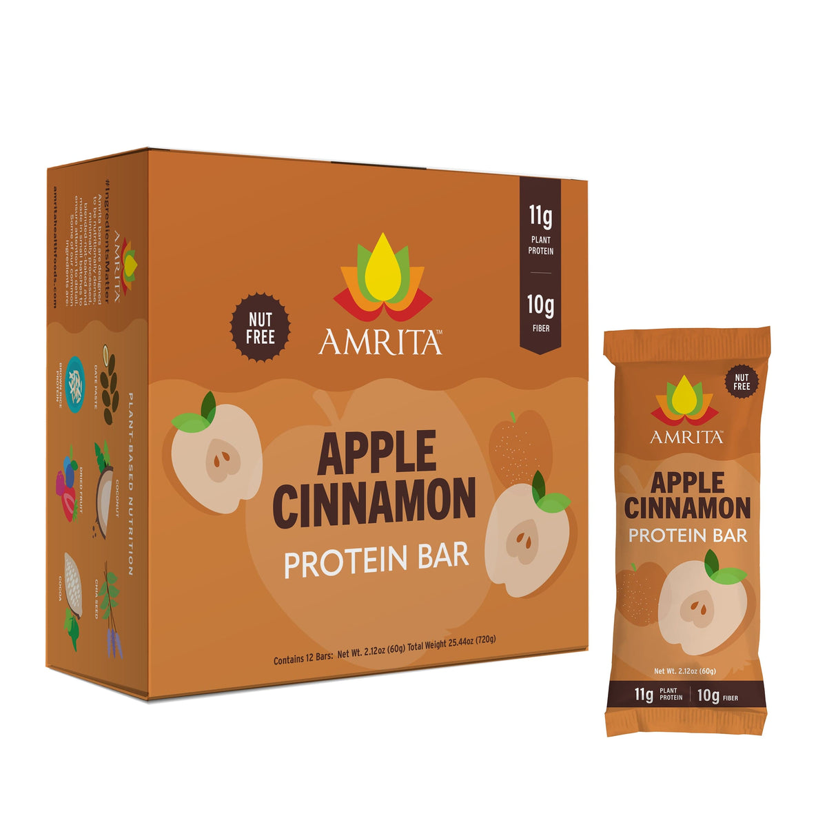 Apple cinnamon protein bar box and wrapper, brown with nut-free logo