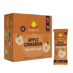 Apple cinnamon protein bar box and wrapper, brown with nut-free logo