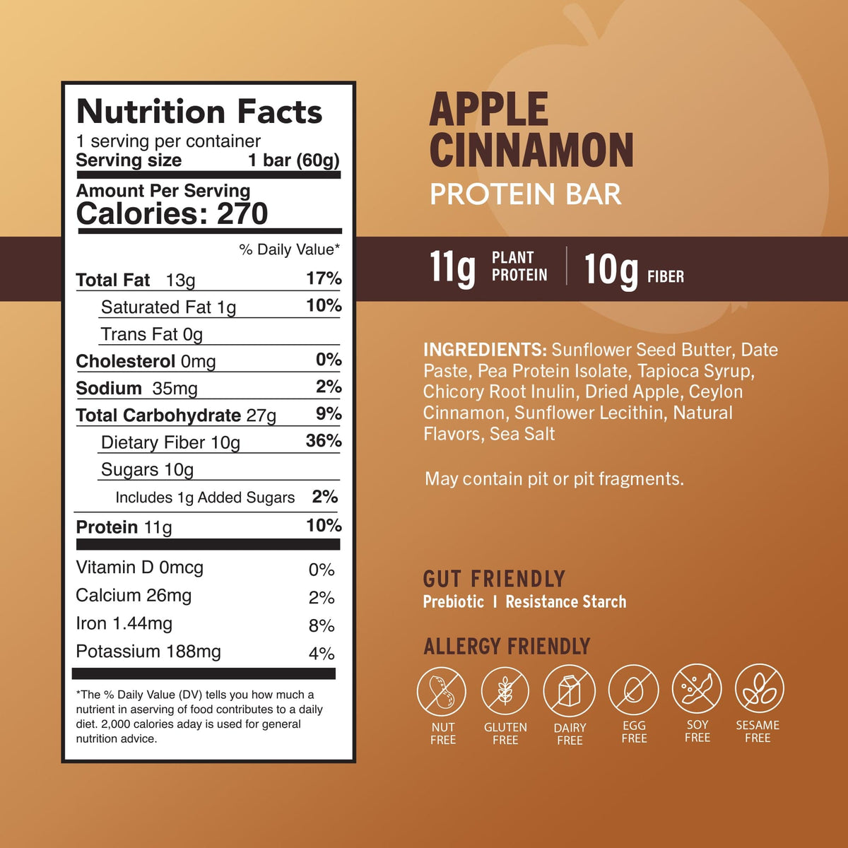 Nutrition facts panel with apple cinnamon protein bar wrapper, brown 11g protein
