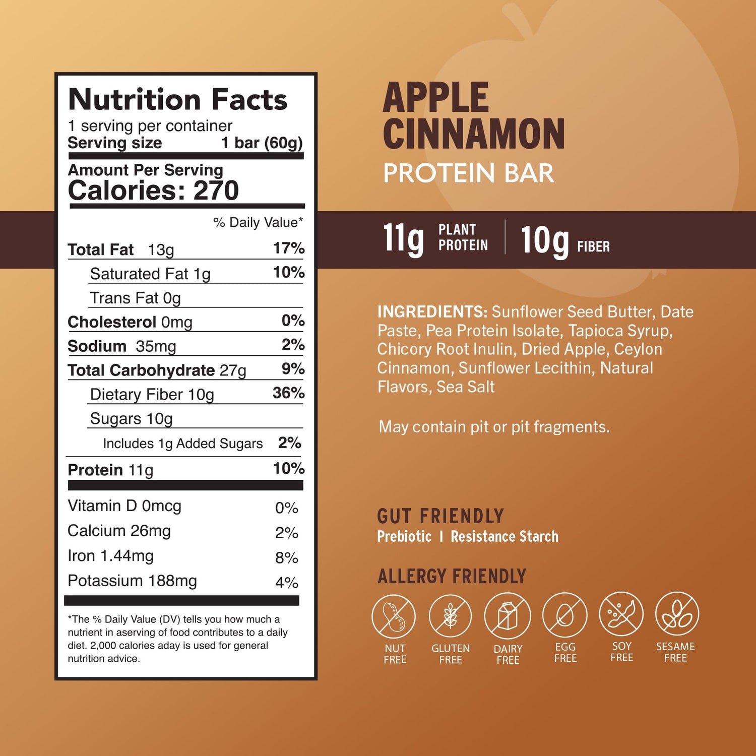 Nutrition facts panel with apple cinnamon protein bar wrapper, brown 11g protein
