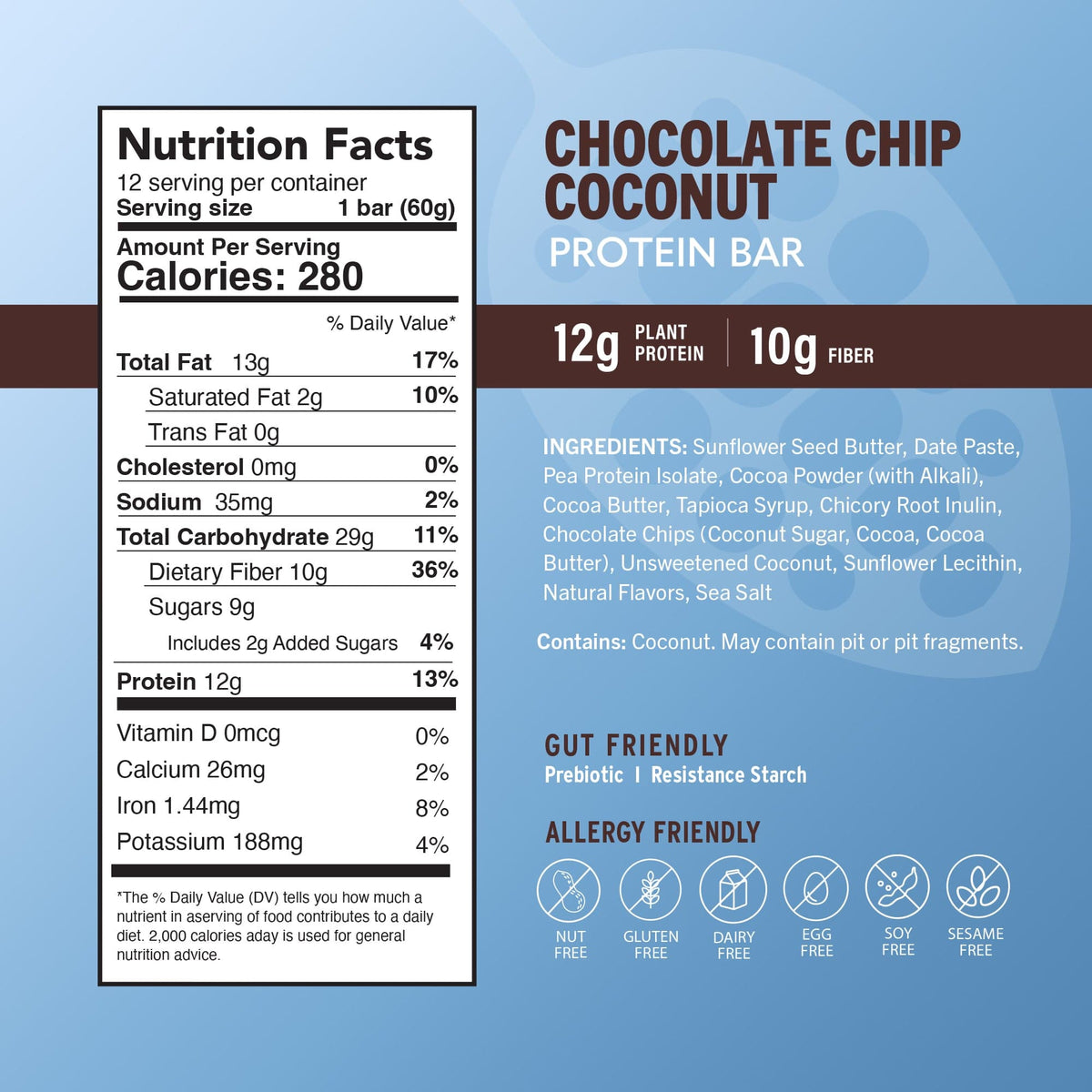 Chocolate chip coconut protein bar nutrition facts panel on blue wrapper
