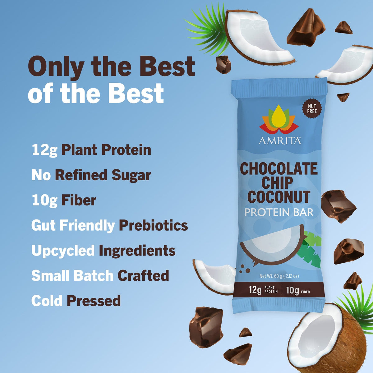 Chocolate chip coconut protein bar pouch with coconut and chocolate pieces, blue packaging