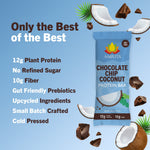 Chocolate chip coconut protein bar pouch with coconut and chocolate pieces, blue packaging