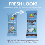 Chocolate chip coconut protein bar in blue wrapper, two views