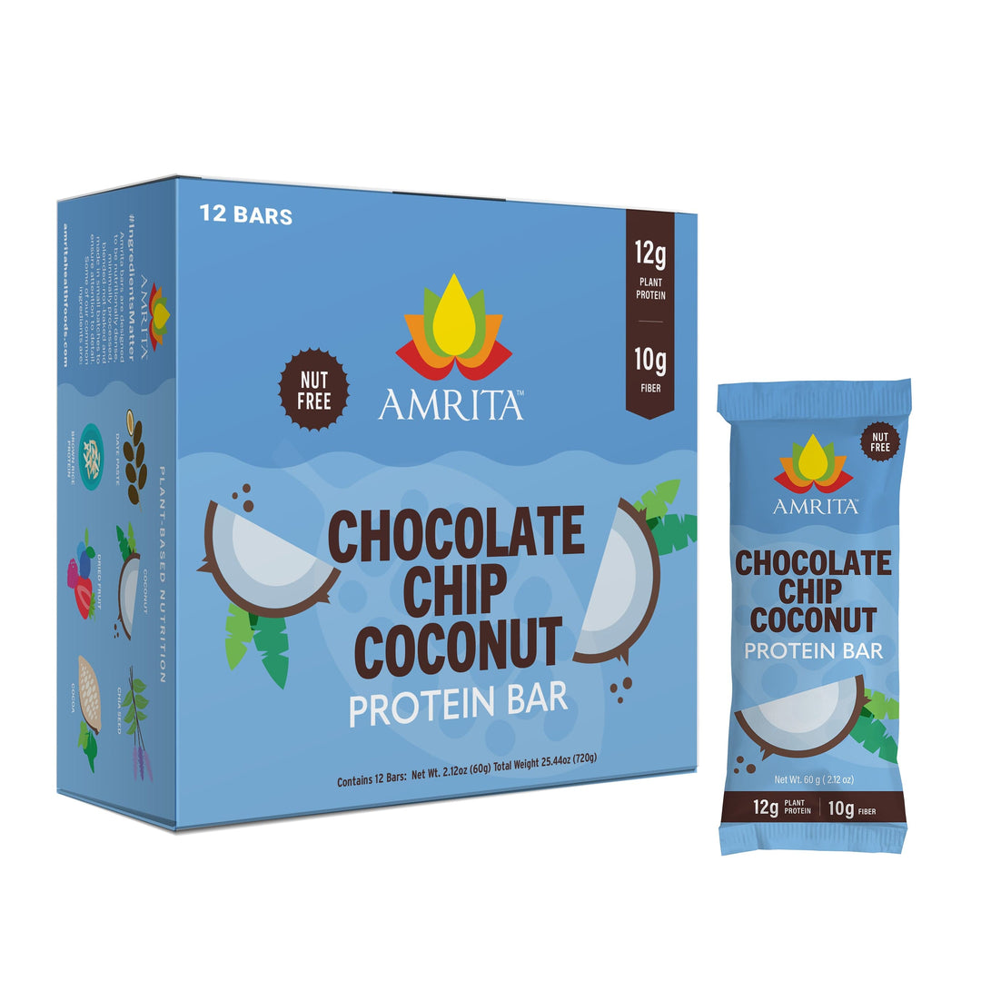 Chocolate chip coconut protein bar box with matching bar wrapper, blue packaging