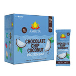 Chocolate chip coconut protein bar box with matching bar wrapper, blue packaging