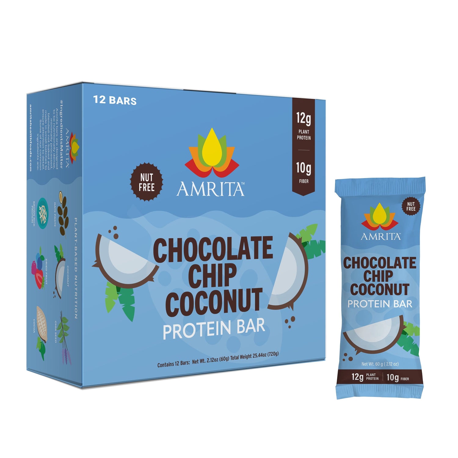 Chocolate chip coconut protein bar box with matching bar wrapper, blue packaging