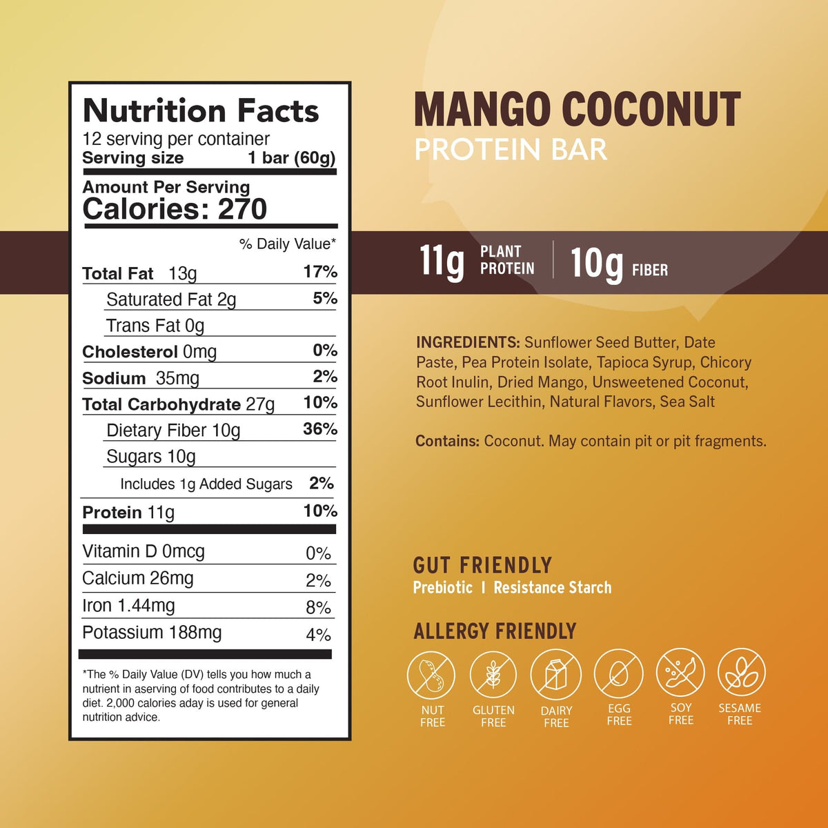 Nutrition facts and label for mango coconut protein bar, 11g plant protein, 10g fiber