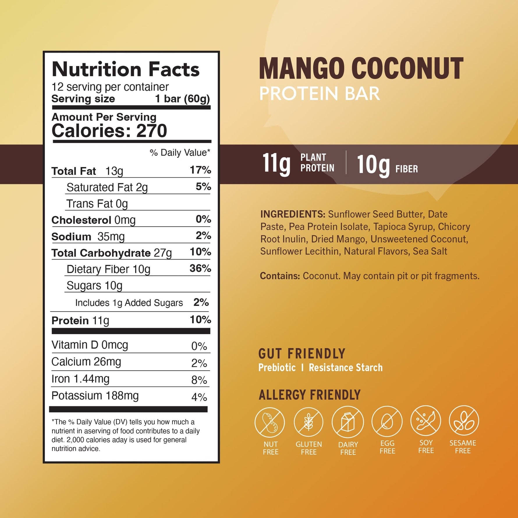 Nutrition facts and label for mango coconut protein bar, 11g plant protein, 10g fiber