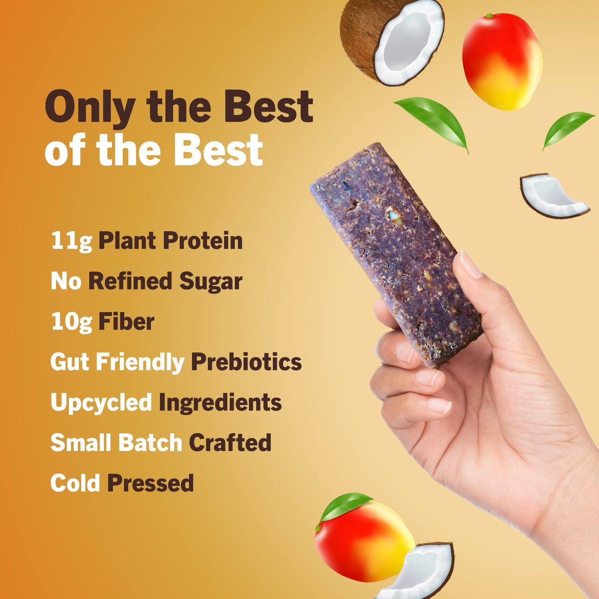 Mango coconut protein bar piece held up, showing plant protein and fiber claims