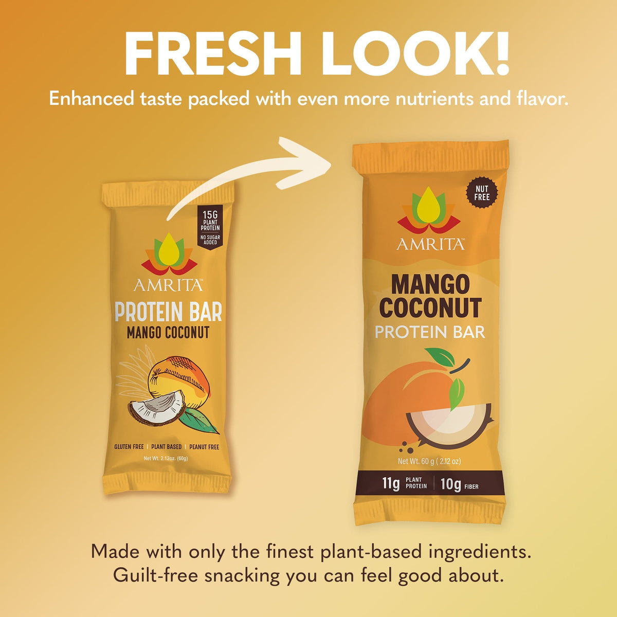 AMRITA mango coconut protein bar pouches, showing 11g plant protein and 10g fiber