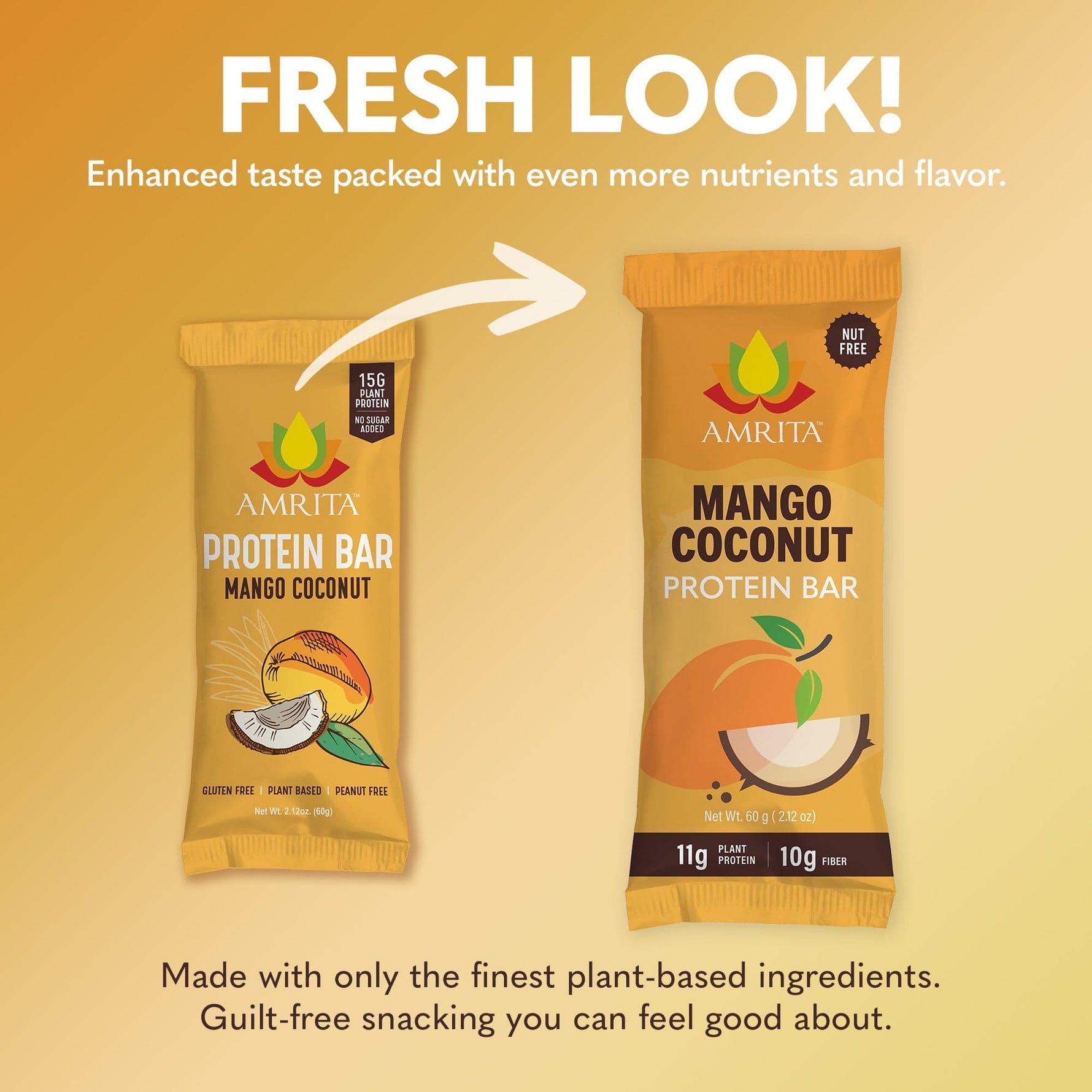 AMRITA mango coconut protein bar pouches, showing 11g plant protein and 10g fiber