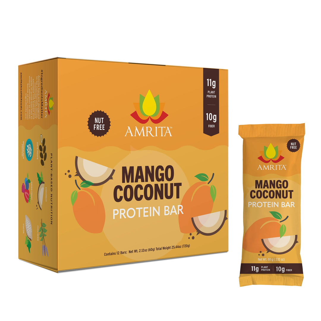 AMRITA mango coconut protein bar box with single bar, 11g plant protein, 10g fiber