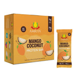 AMRITA mango coconut protein bar box with single bar, 11g plant protein, 10g fiber