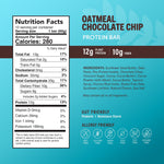 Oatmeal chocolate chip protein bar Nutrition Facts label with calories, fiber, and 12g protein