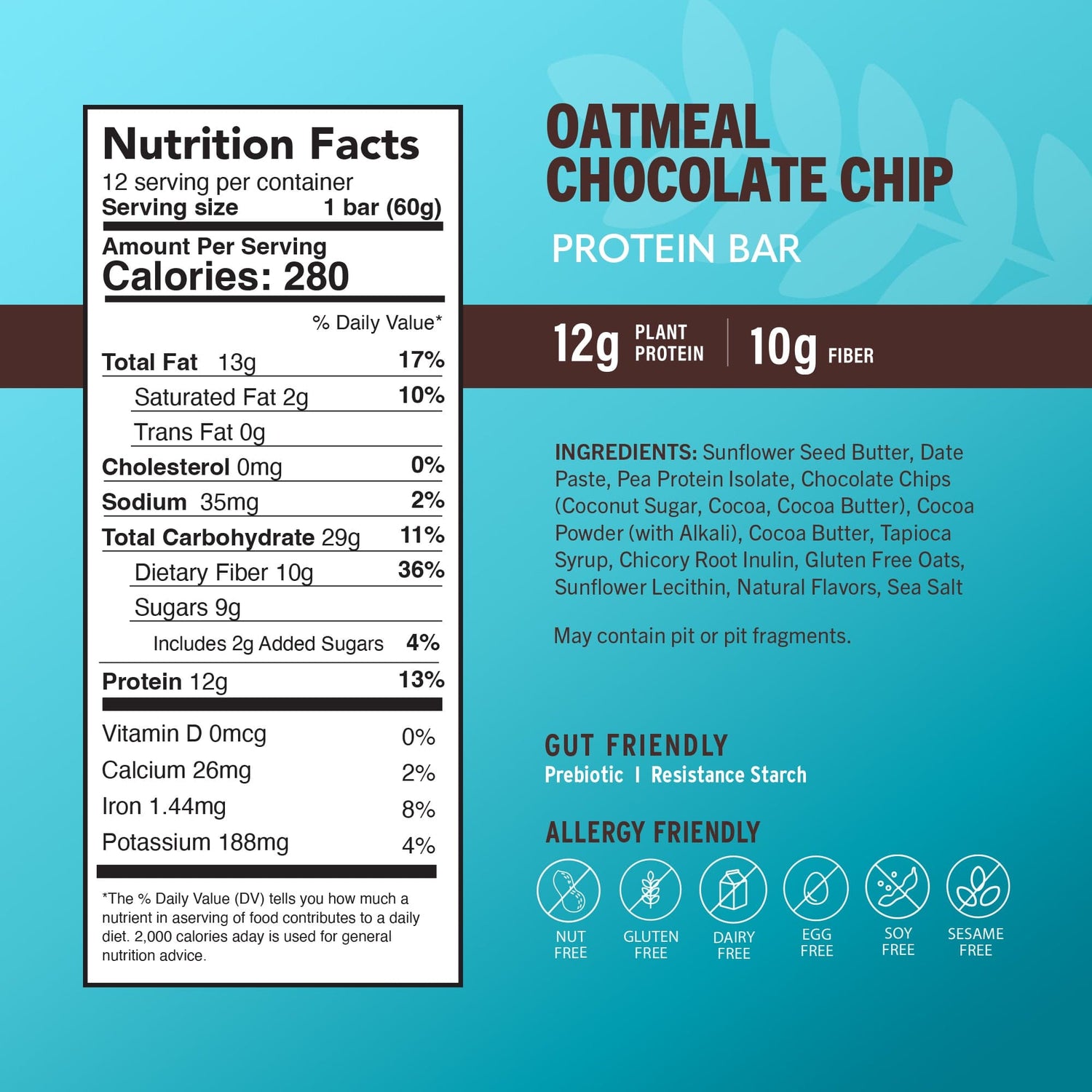 Oatmeal chocolate chip protein bar Nutrition Facts label with calories, fiber, and 12g protein