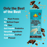 Oatmeal chocolate chip protein bar teal pouch with nutrition and flavor text