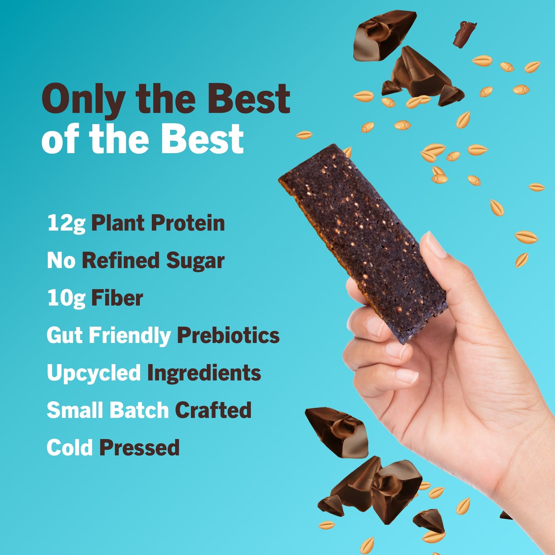 Oatmeal chocolate chip protein bar pieces in chocolate-brown chunks