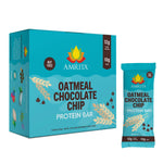 Oatmeal chocolate chip protein bar box and teal wrapped single bar, 12g plant protein