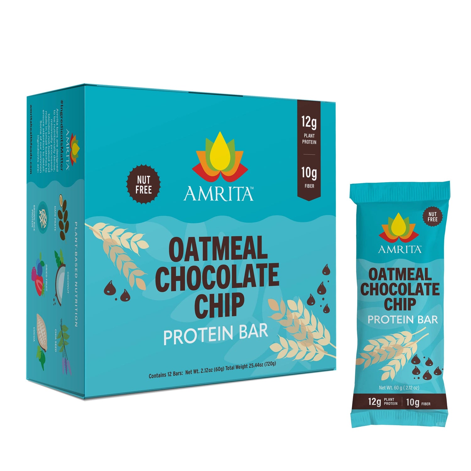 Oatmeal chocolate chip protein bar box and teal wrapped single bar, 12g plant protein