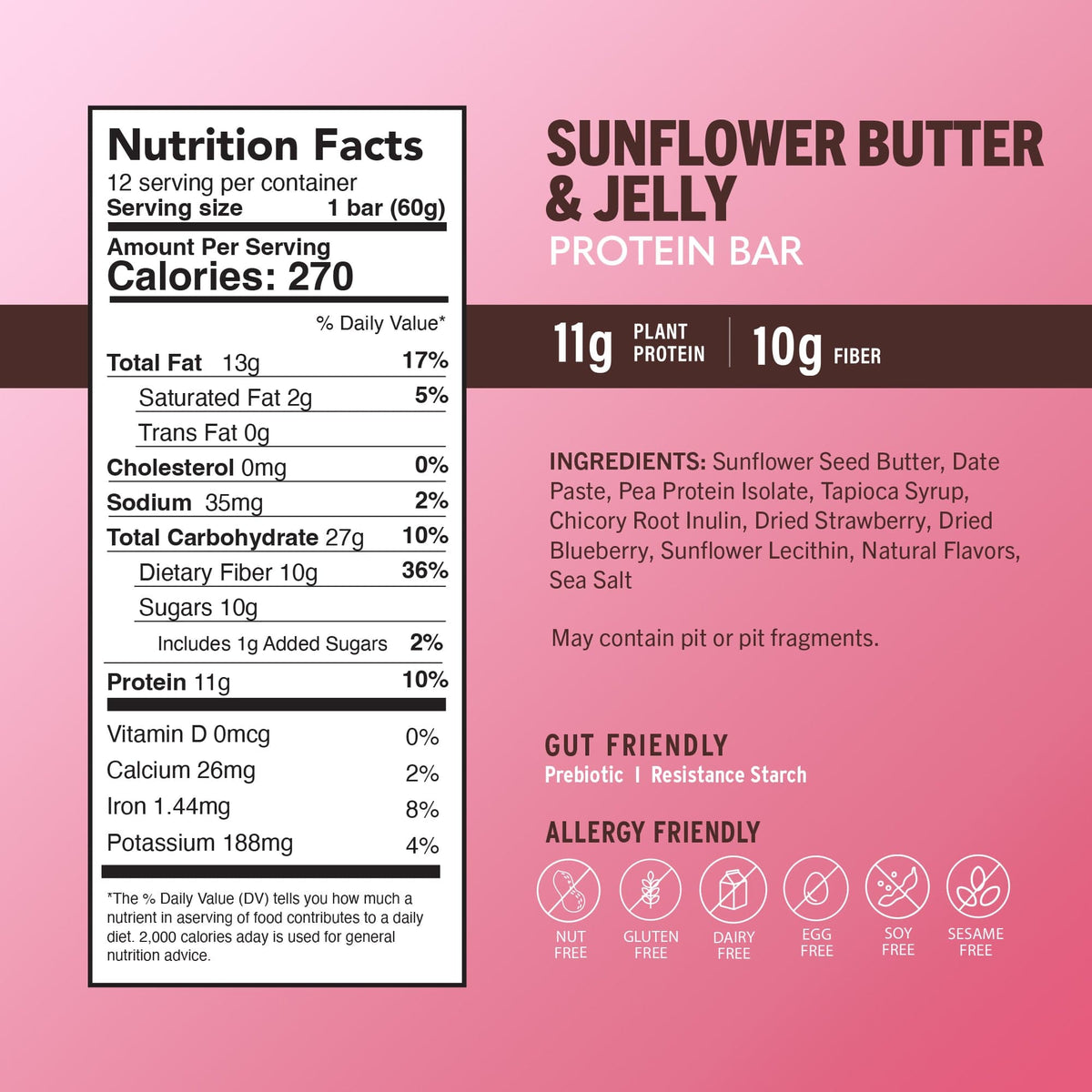 Protein bar nutrition facts panel showing 11g plant protein and 10g fiber