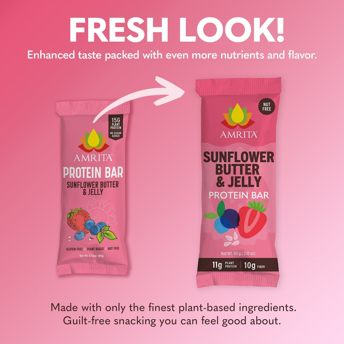 AMRITA protein bar pouches, front labels shown side by side