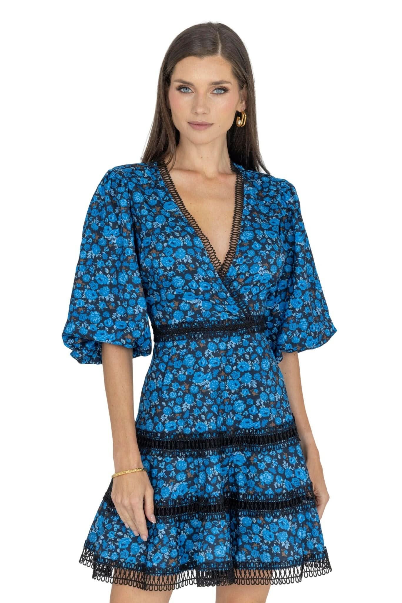 Blue floral V-neck mini dress with puff sleeves and layered ruffle hem