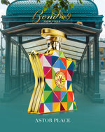 Geometric eau de parfum bottle with gold cap and multi-color NYC emblem