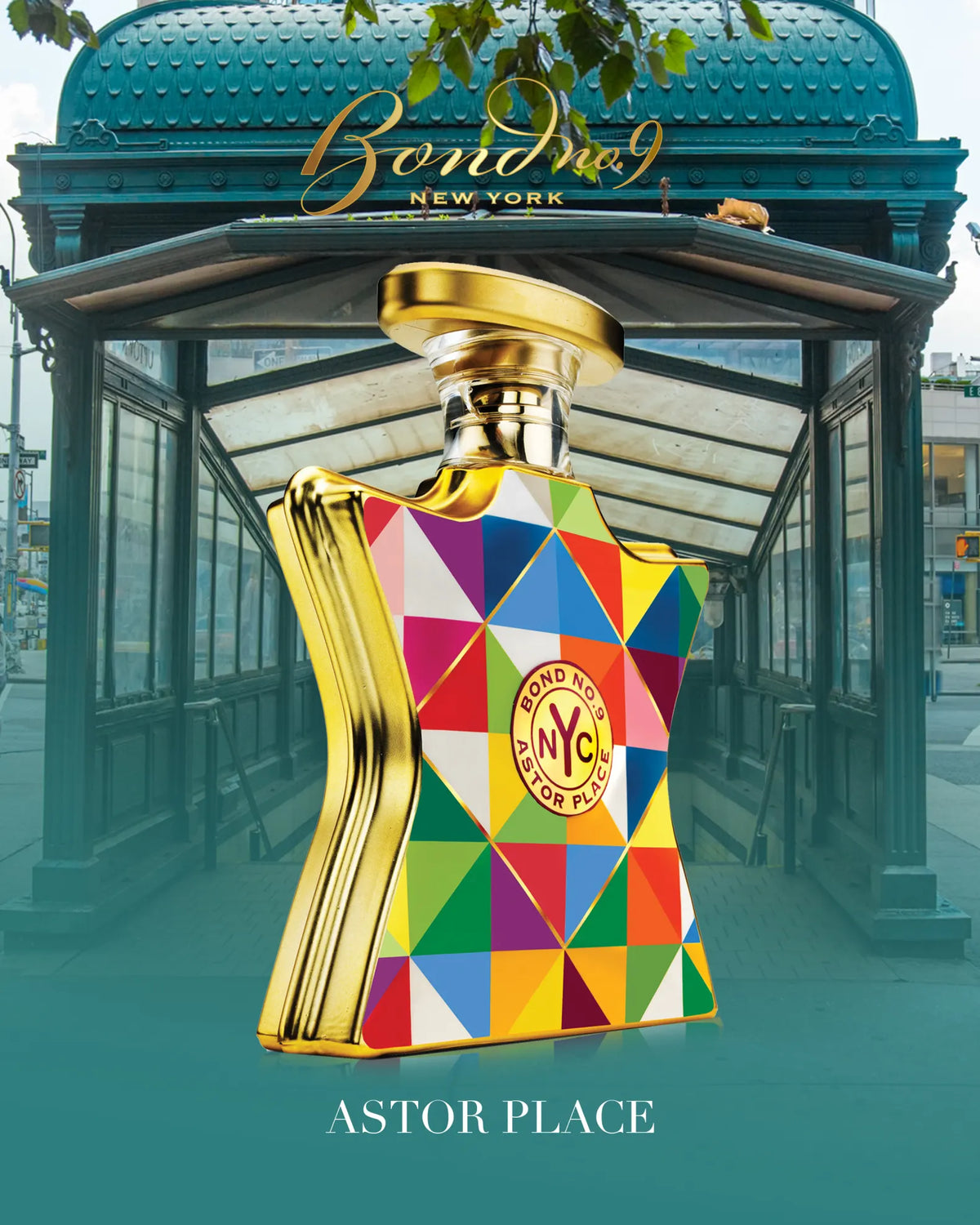 Geometric eau de parfum bottle with gold cap and multi-color NYC emblem