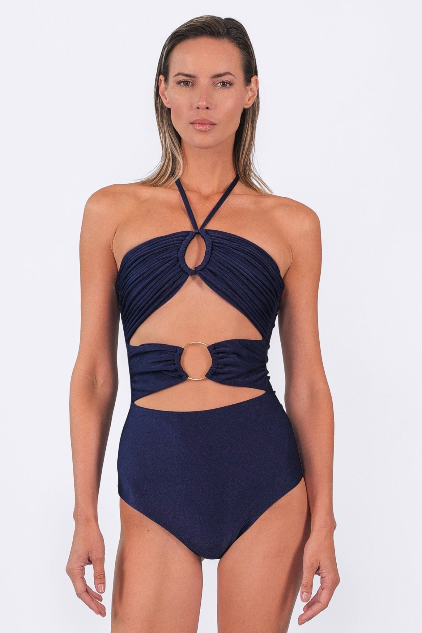 Dusk blue halter one-piece swimsuit with ring detail and central cutout