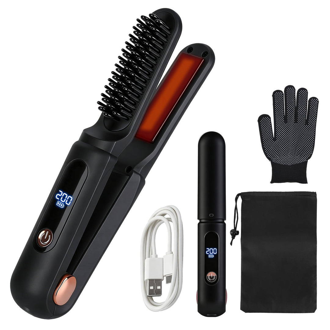 Cordless Hair Straightener Brush 2-in-1 Ceramic Flat Iron