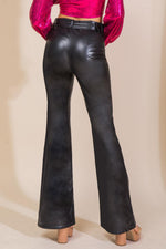 Black faux leather wide-leg pants, high-rise back view with waistband seams and pockets.