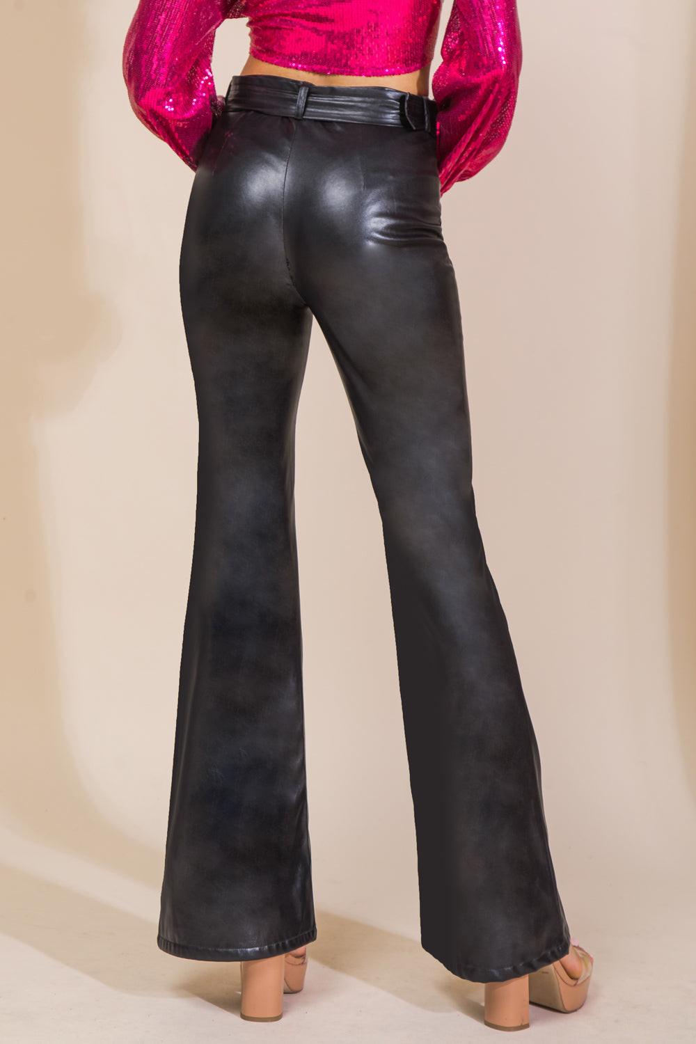 Black faux leather wide-leg pants, high-rise back view with waistband seams and pockets.